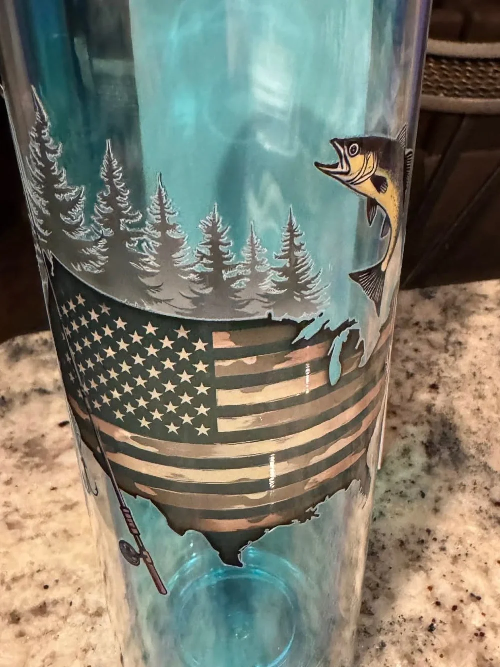 Aqua plastic Fish & American Flag Travel Tumbler New with box w straw 8 1/2”x 3”